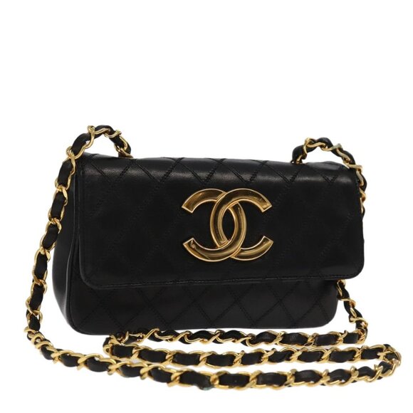 CHANEL Bicolore Chain Deca COCO Mark Bag Lamb Skin Black CC Auth yk15897 - Picture 1 of 16